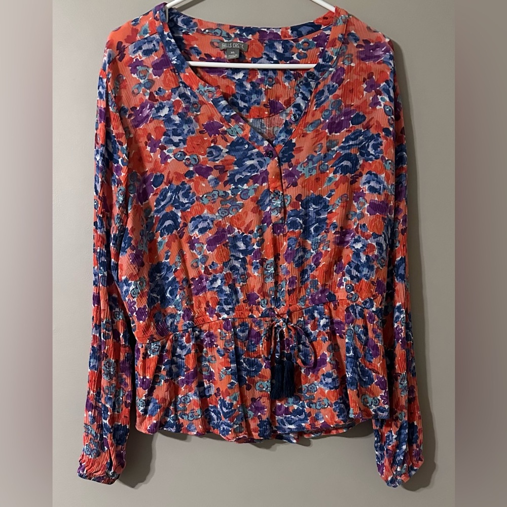 Falls Creek XL orange w/floral print Peplum Boho Peasant top with tassel tie